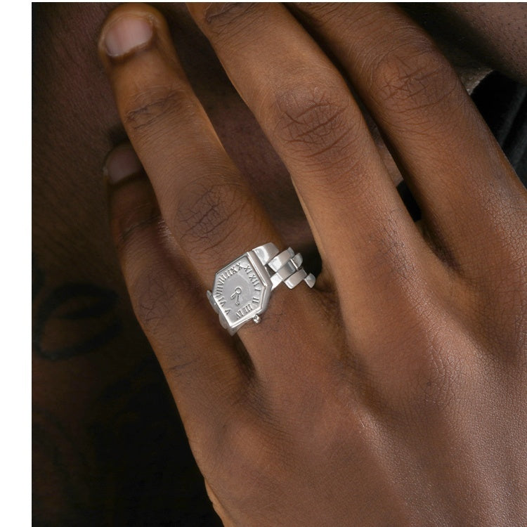S925 Sterling Silver Clock Men's And Women's Hip-hop Retro High-end Sensory Food Ring