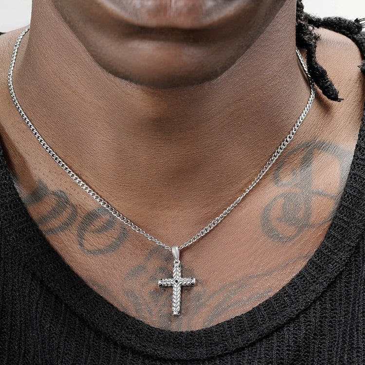 S925 Pure Silver Cross Pendant For Men, Vintage, Trendy, Personalized Necklace