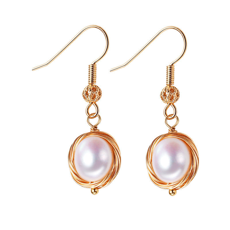 New Oval Handmade Winding Natural Pearl Earrings Women