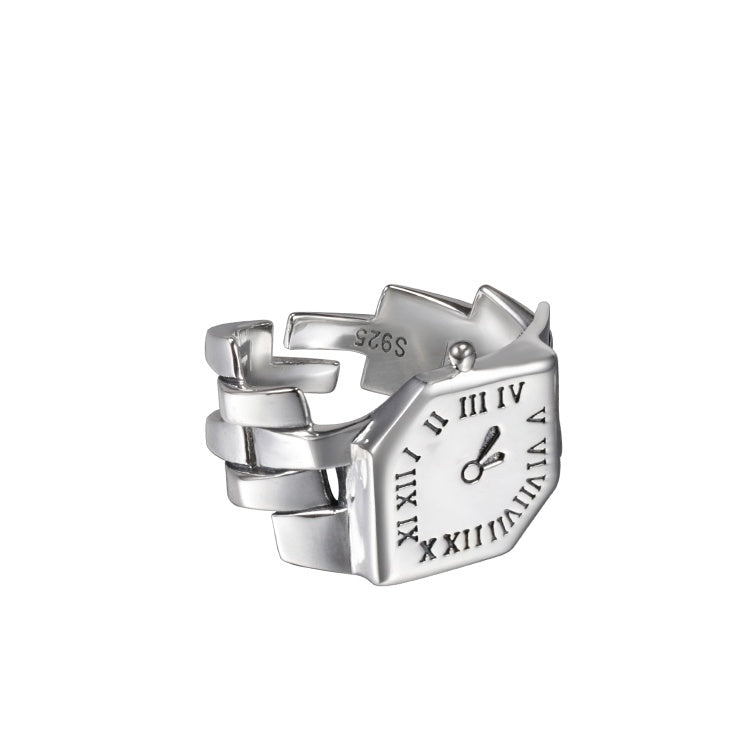S925 Sterling Silver Clock Men's And Women's Hip-hop Retro High-end Sensory Food Ring