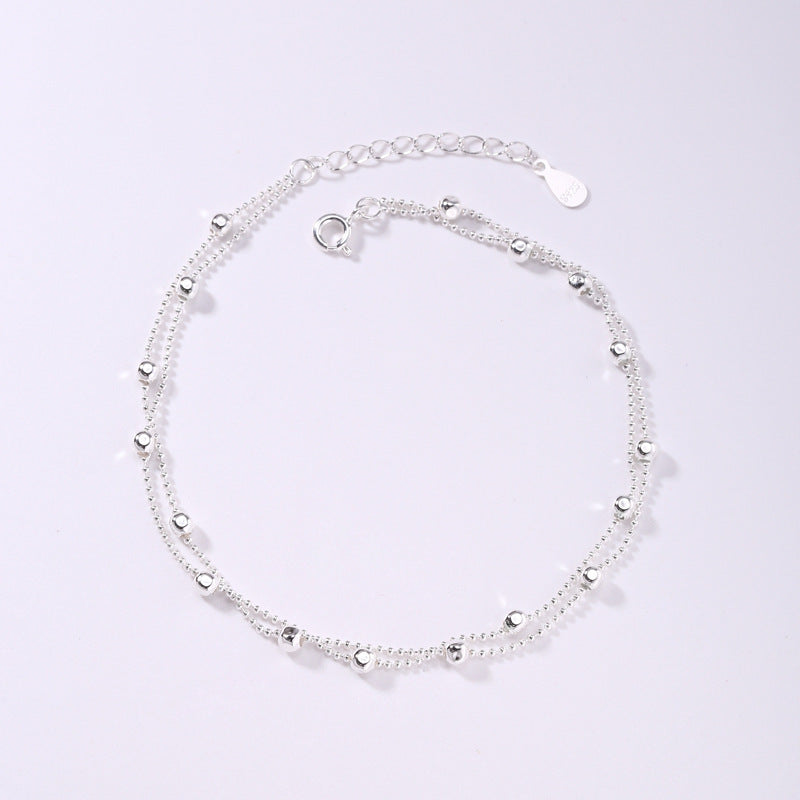 925 Sterling Silver Interval Round Beads Double-circle Anklet Female