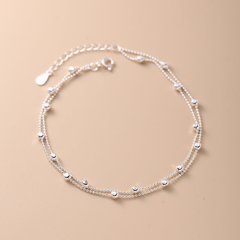 925 Sterling Silver Interval Round Beads Double-circle Anklet Female