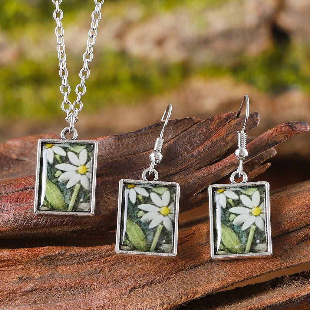 Vintage Square Pendant Necklace Earrings