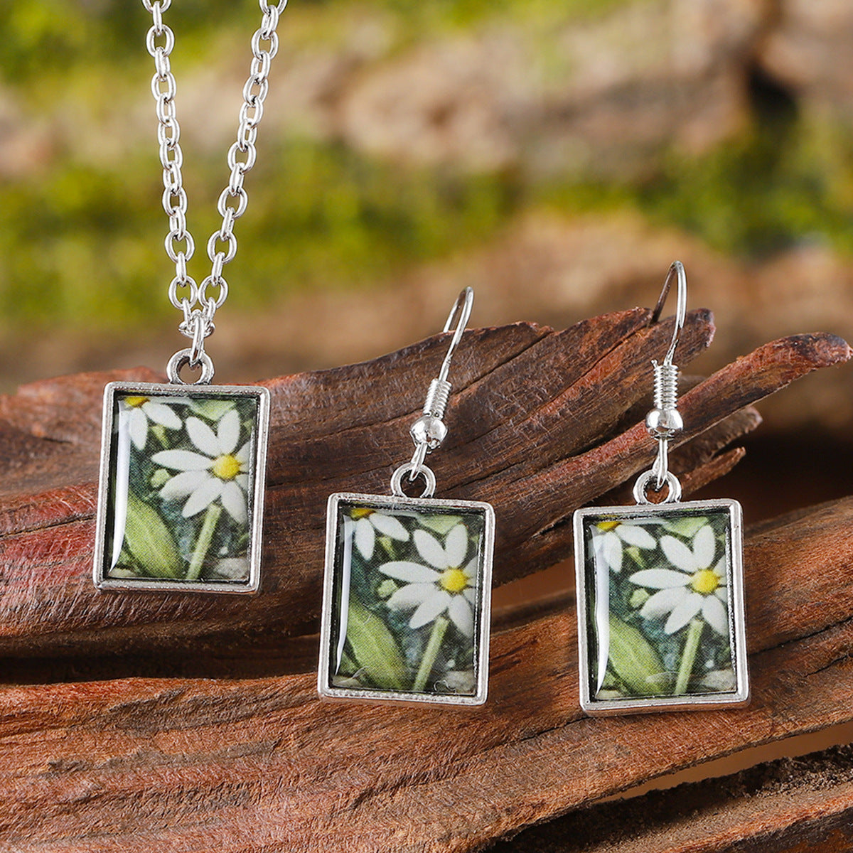 Vintage Square Pendant Necklace Earrings