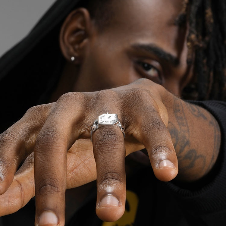 S925 Sterling Silver Clock Men's And Women's Hip-hop Retro High-end Sensory Food Ring