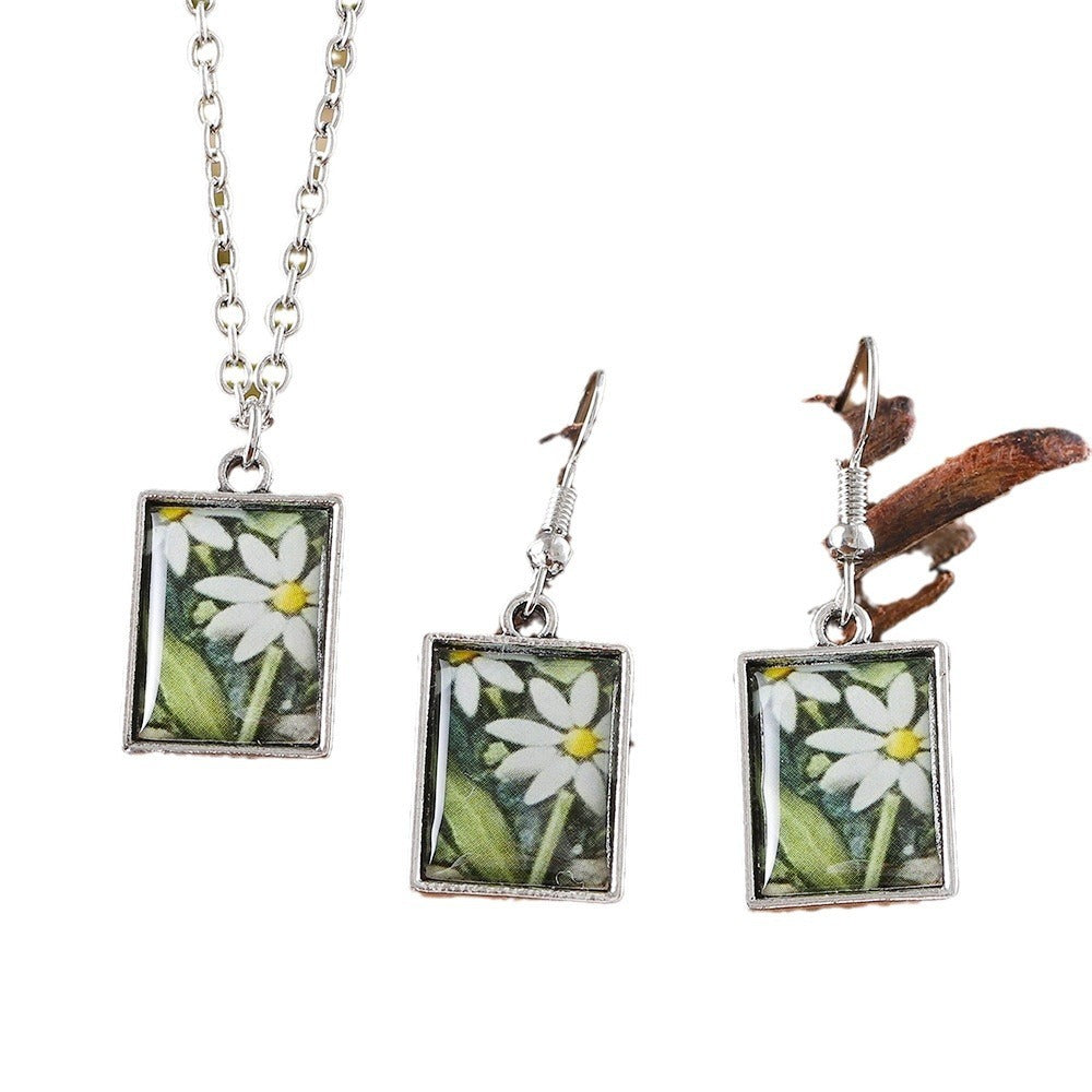 Vintage Square Pendant Necklace Earrings