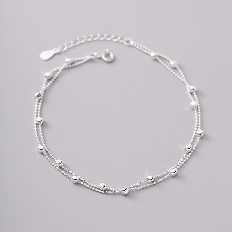 925 Sterling Silver Interval Round Beads Double-circle Anklet Female
