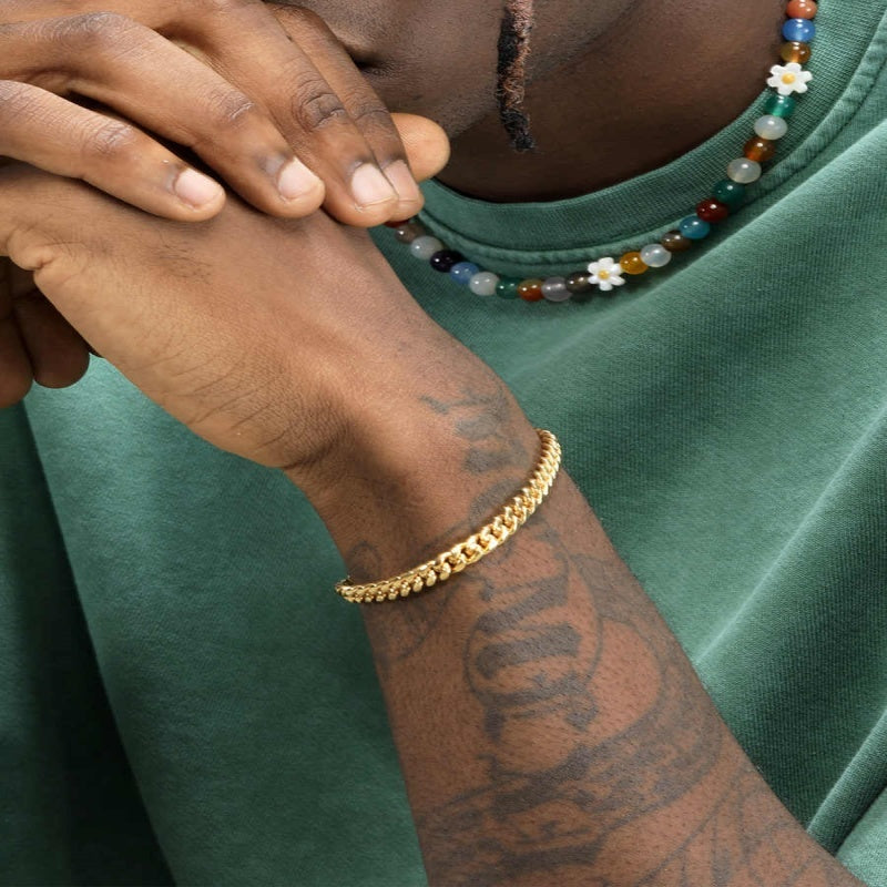 18K Gold Thin Cuban Chain Bracelet For Men