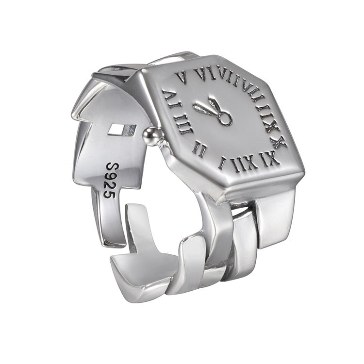 S925 Sterling Silver Clock Men's And Women's Hip-hop Retro High-end Sensory Food Ring