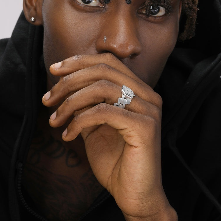 S925 Sterling Silver Clock Men's And Women's Hip-hop Retro High-end Sensory Food Ring